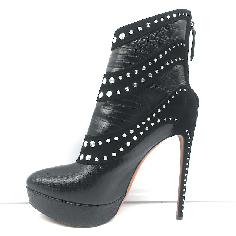 Alaia Stiefel mit Nieten und Plateauabsatz in Schwarz Wildleder & Echsenleder-Prägung Größe 39,5