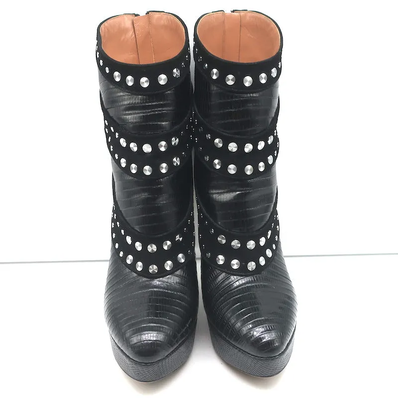 Alaia Stiefel mit Nieten und Plateauabsatz in Schwarz Wildleder & Echsenleder-Prägung Größe 39,5