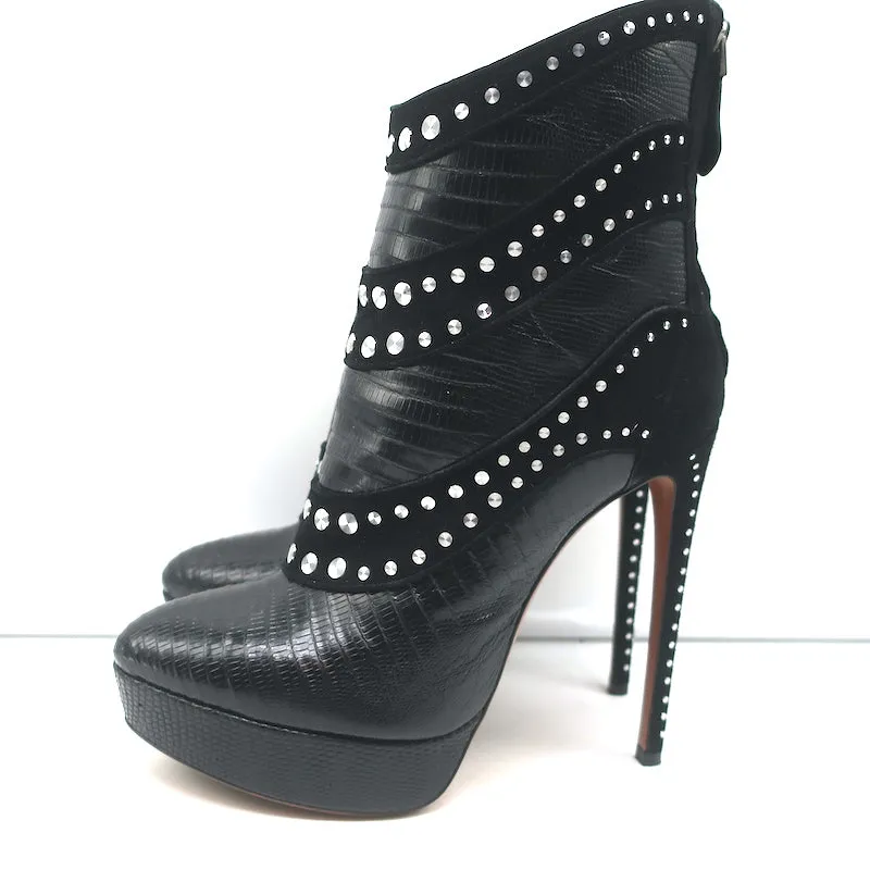 Alaia Stiefel mit Nieten und Plateauabsatz in Schwarz Wildleder & Echsenleder-Prägung Größe 39,5