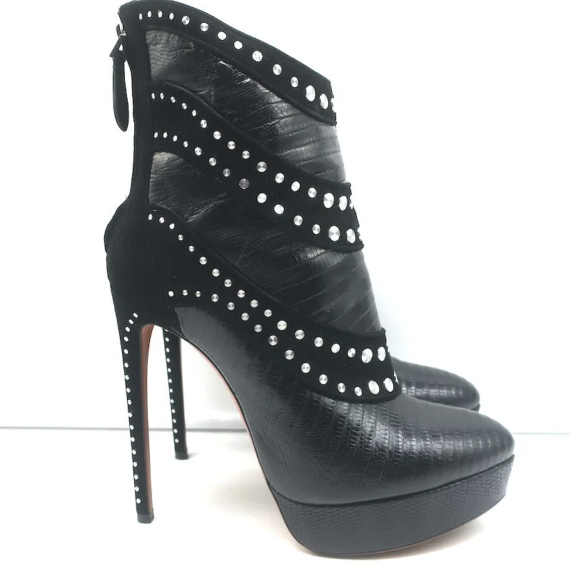 Alaia Stiefel mit Nieten und Plateauabsatz in Schwarz Wildleder & Echsenleder-Prägung Größe 39,5