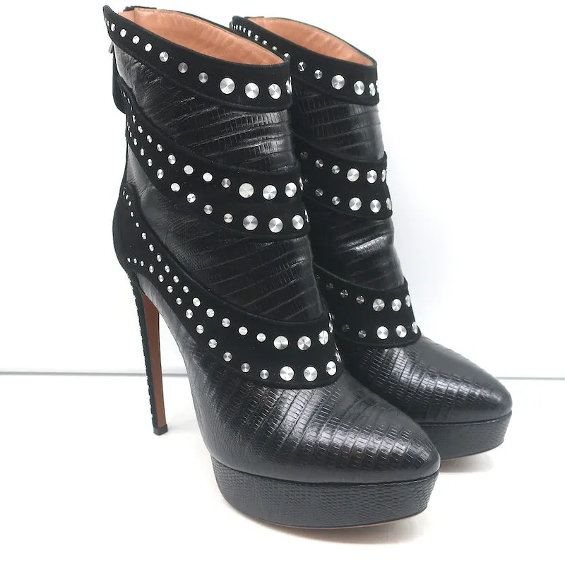 Alaia Stiefel mit Nieten und Plateauabsatz in Schwarz Wildleder & Echsenleder-Prägung Größe 39,5