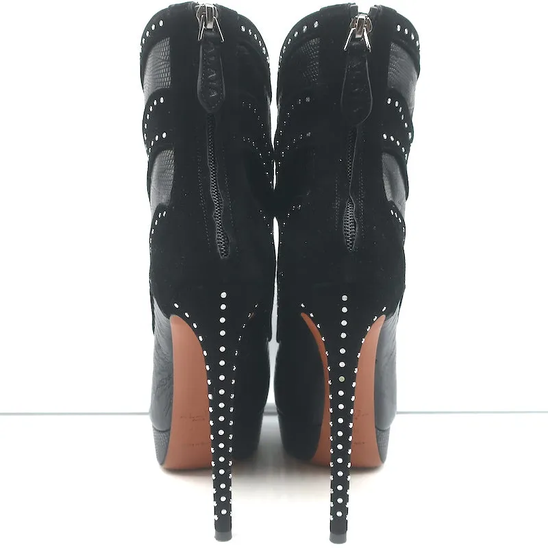 Alaia Stiefel mit Nieten und Plateauabsatz in Schwarz Wildleder & Echsenleder-Prägung Größe 39,5