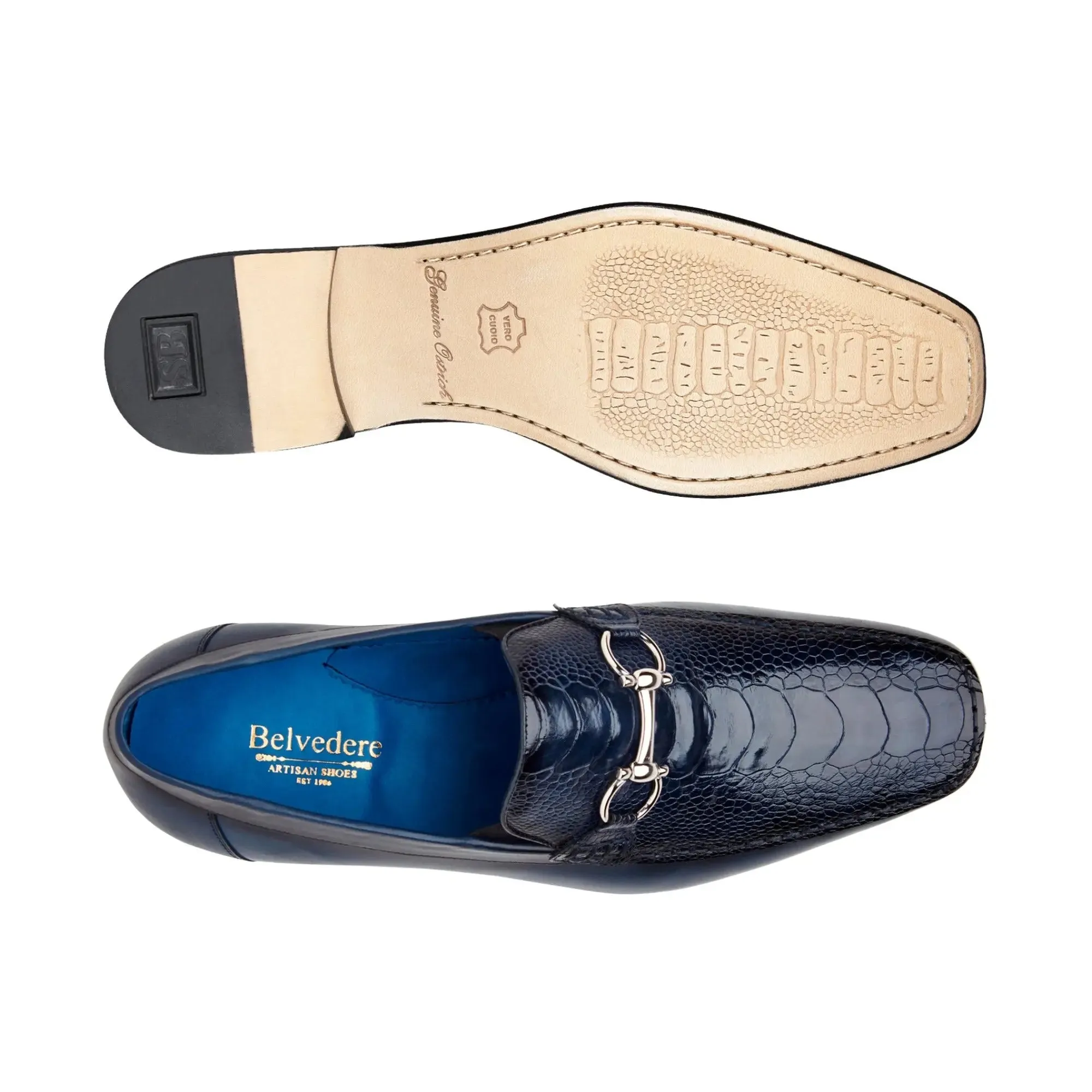 Belvedere Exotische Leder Schuhe Belvedere Bruno in Marineblau Echtem Straußenbein und Italienischem Kalbsleder Loafers