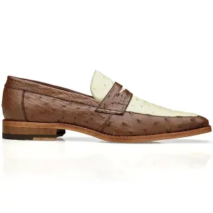 Belvedere Exotische Leder Schuhe Belvedere Espada in Tabak / Beige Straußenfeder Penny Loafers