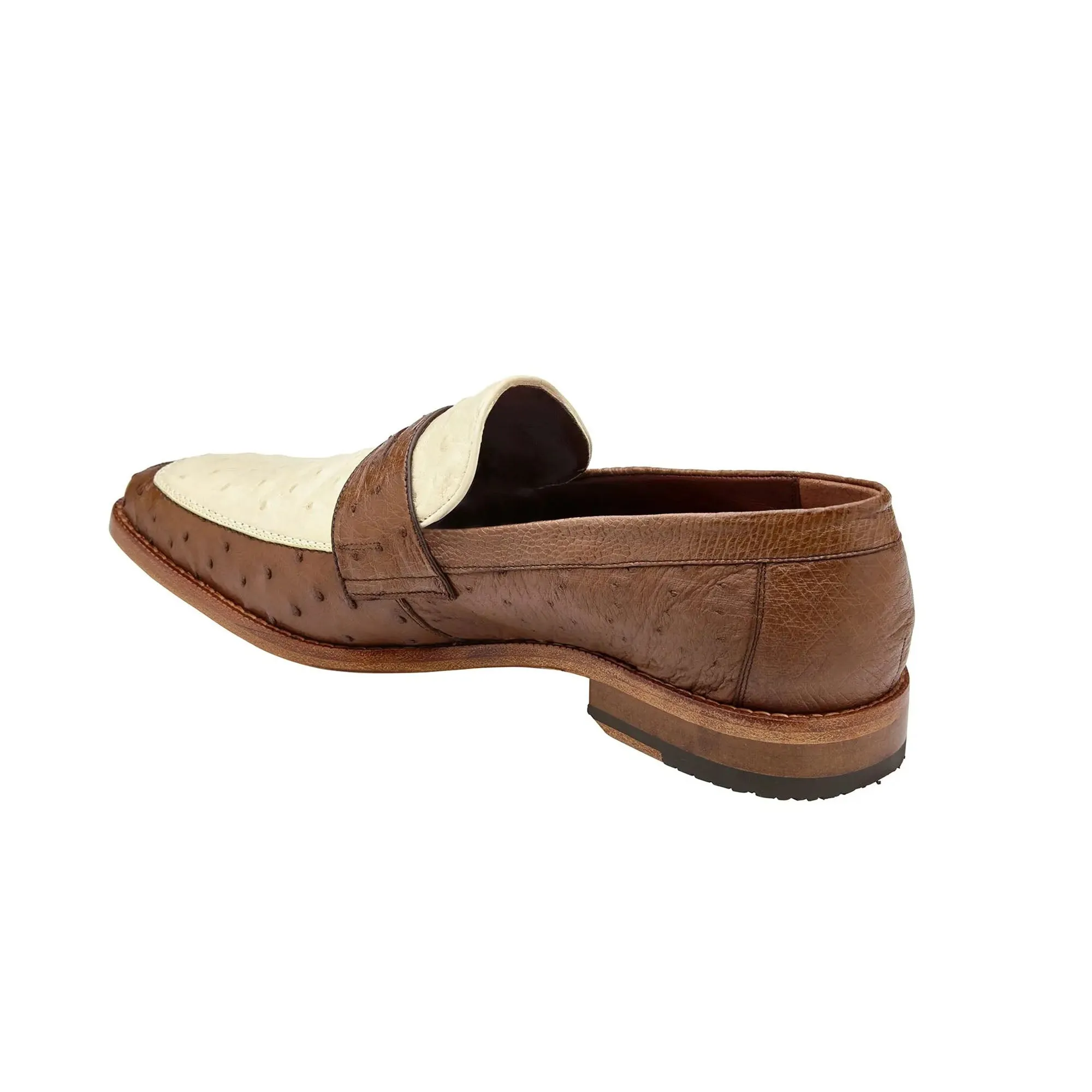Belvedere Exotische Leder Schuhe Belvedere Espada in Tabak / Beige Straußenfeder Penny Loafers