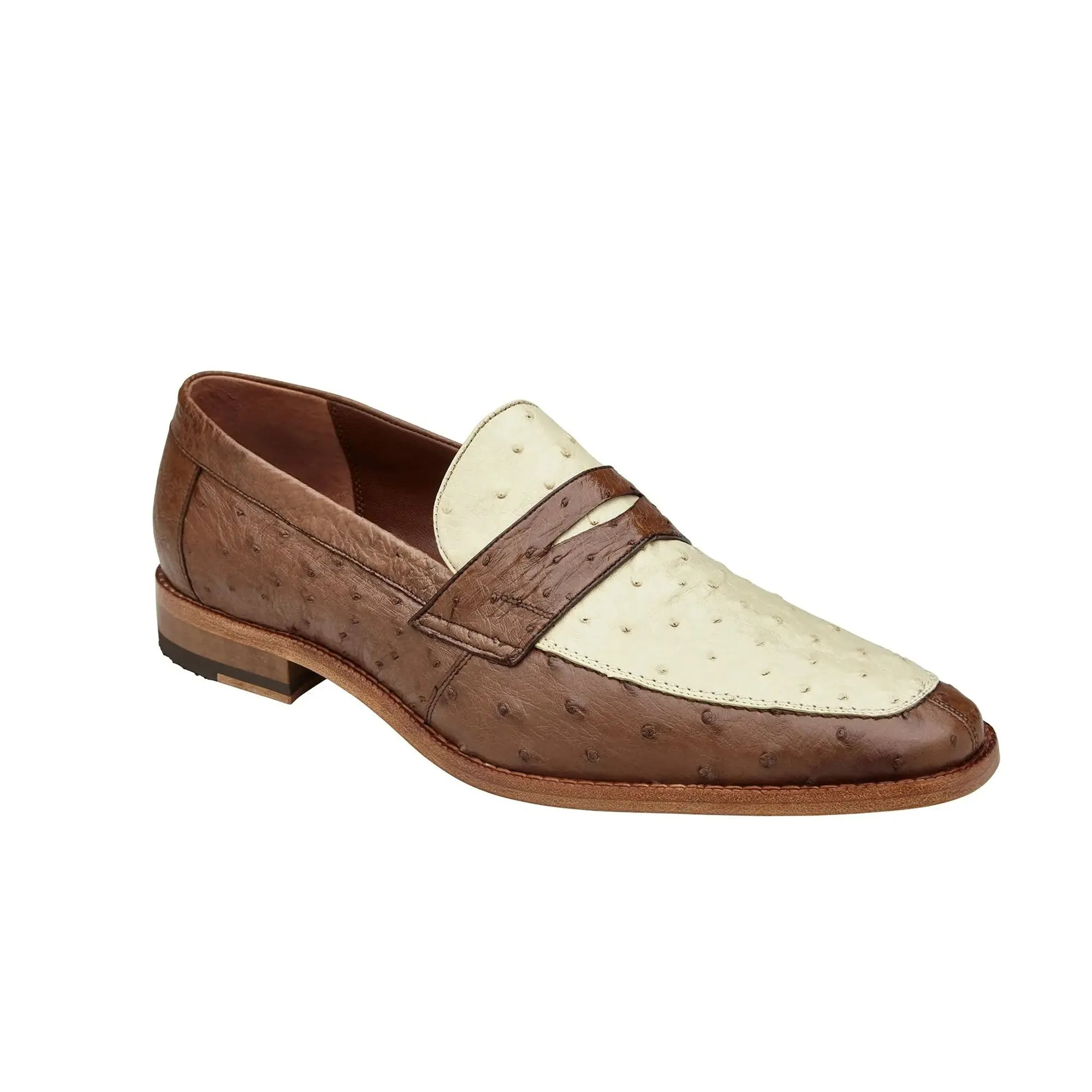 Belvedere Exotische Leder Schuhe Belvedere Espada in Tabak / Beige Straußenfeder Penny Loafers