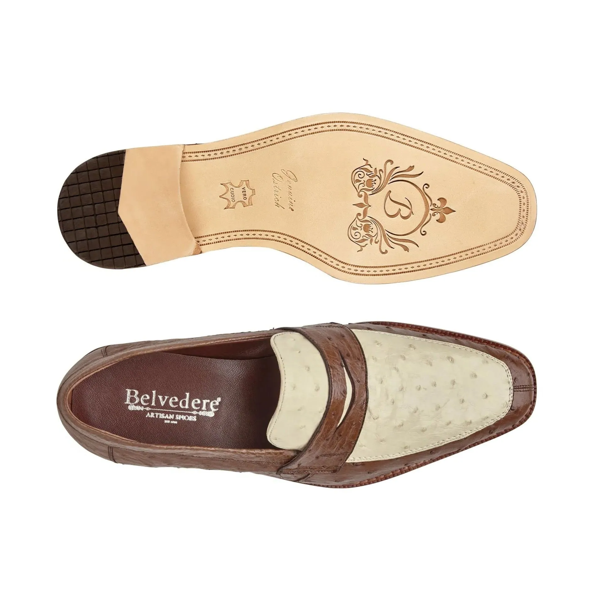 Belvedere Exotische Leder Schuhe Belvedere Espada in Tabak / Beige Straußenfeder Penny Loafers