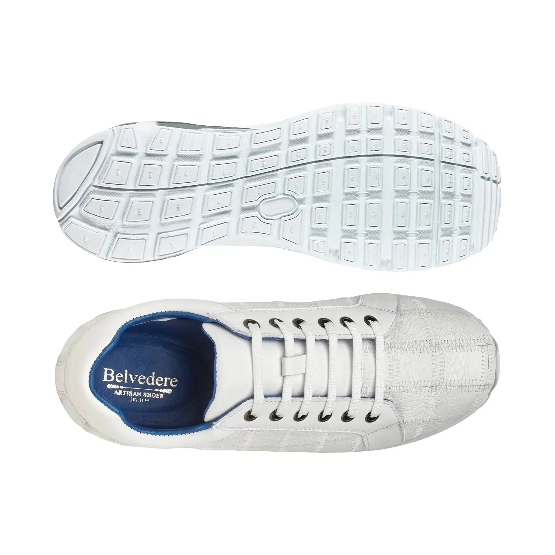 Belvedere Exotische Leder Schuhe Belvedere Magnus in Weißem Straußenleder Patchwork Sneakers