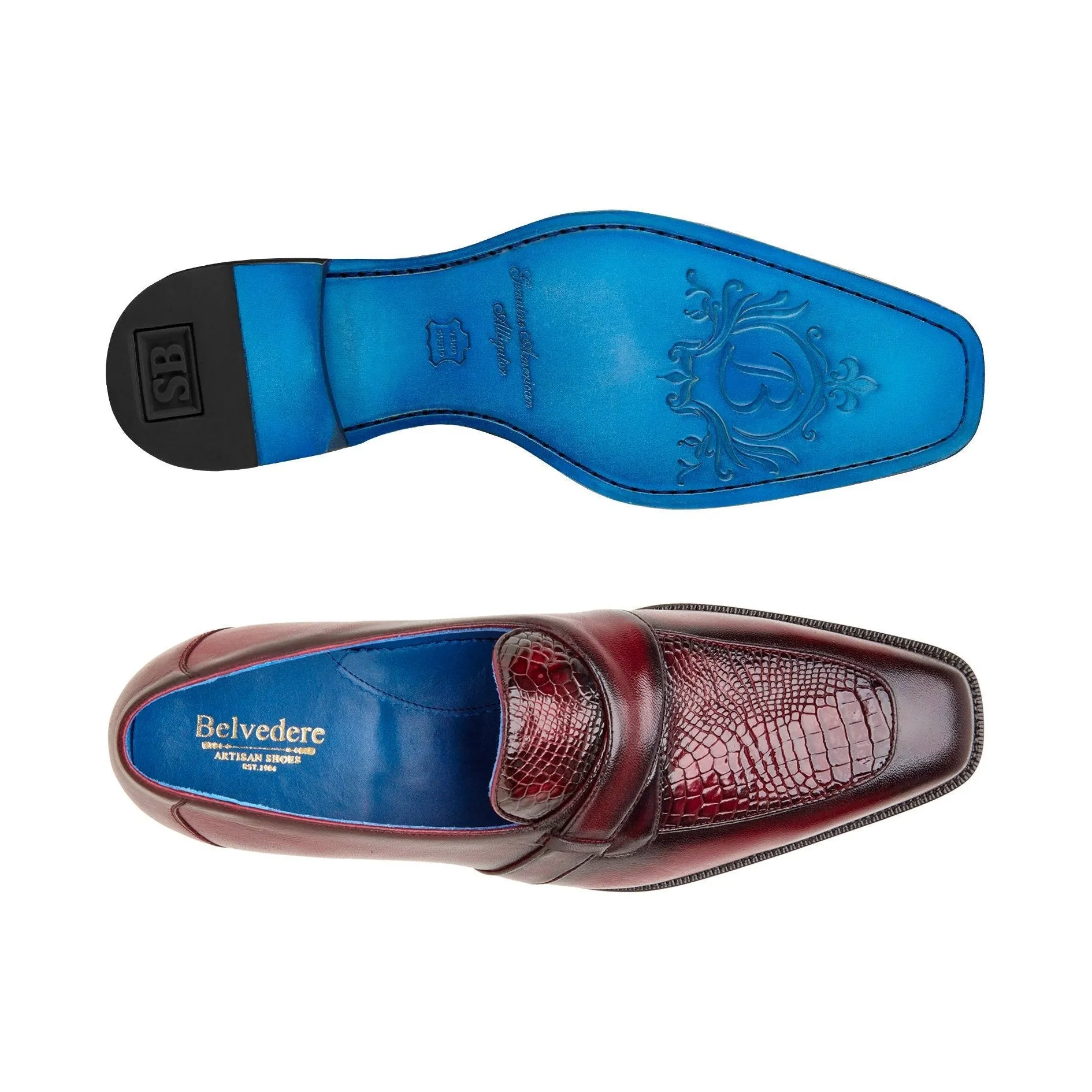 Belvedere Exotische Leder-Schuhe Belvedere Tornado in Antik-Burgunder Amerikanisches Alligatorleder und Italienisches Kalbsleder Loafers
