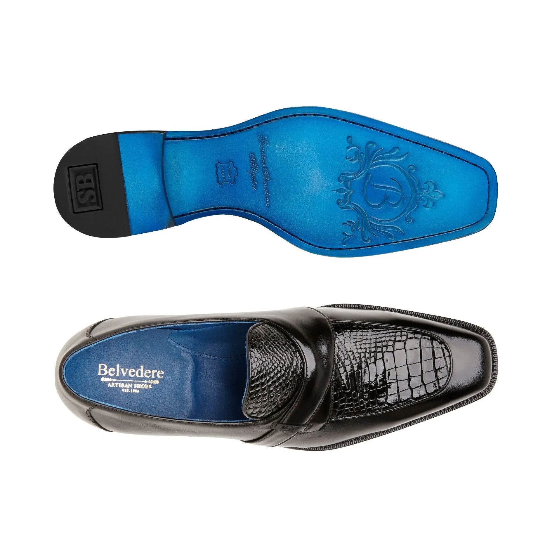 Belvedere Exotische Leder-Schuhe Belvedere Tornado in Schwarz Amerikanisches Alligatorleder und Italienisches Kalbsleder Loafers