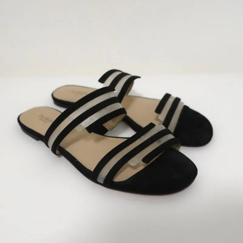 Botkier Maisie Flache Slides Sandalen Schwarz Wildleder & Klar PVC Größe 7