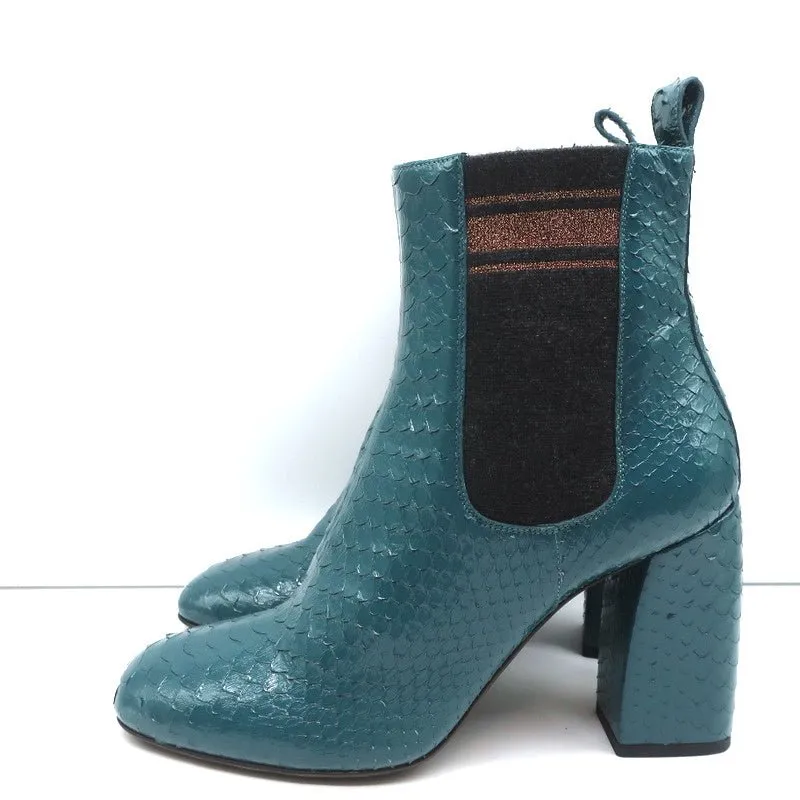 Brunello Cucinelli Sock-Gore Stiefeletten Türkis Schlangenleder Größe 41 Blockabsatz