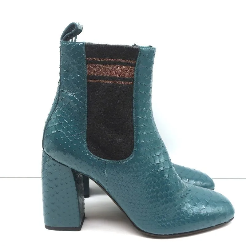 Brunello Cucinelli Sock-Gore Stiefeletten Türkis Schlangenleder Größe 41 Blockabsatz