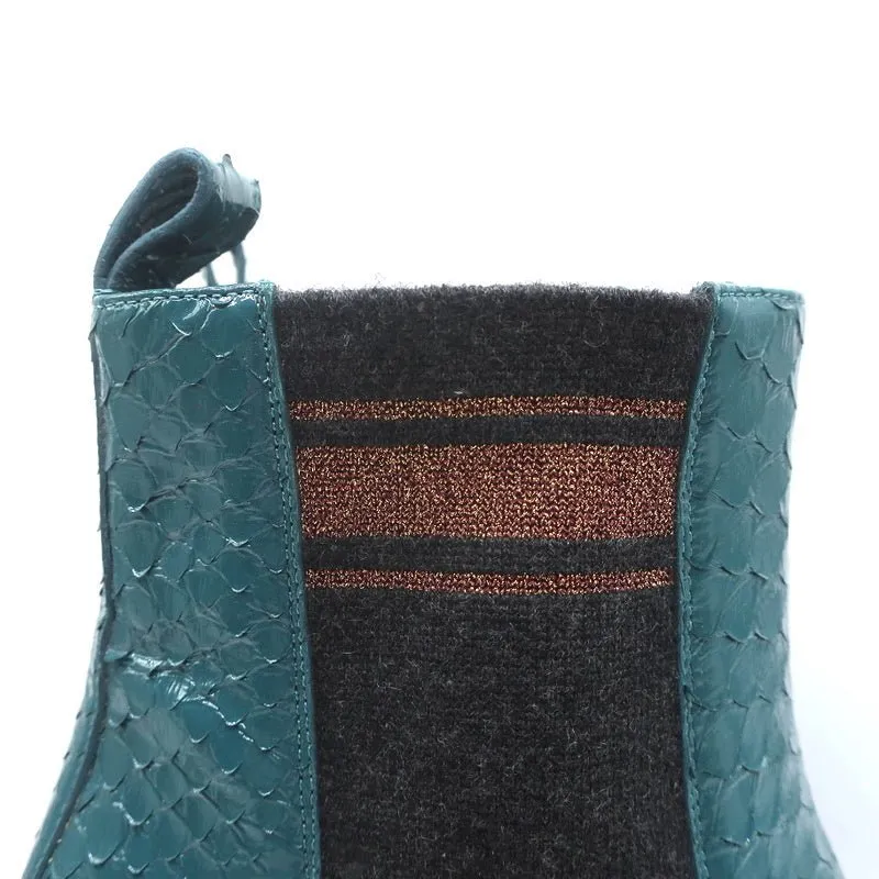 Brunello Cucinelli Sock-Gore Stiefeletten Türkis Schlangenleder Größe 41 Blockabsatz