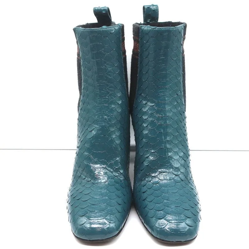 Brunello Cucinelli Sock-Gore Stiefeletten Türkis Schlangenleder Größe 41 Blockabsatz
