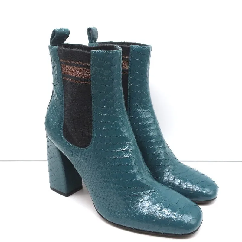 Brunello Cucinelli Sock-Gore Stiefeletten Türkis Schlangenleder Größe 41 Blockabsatz