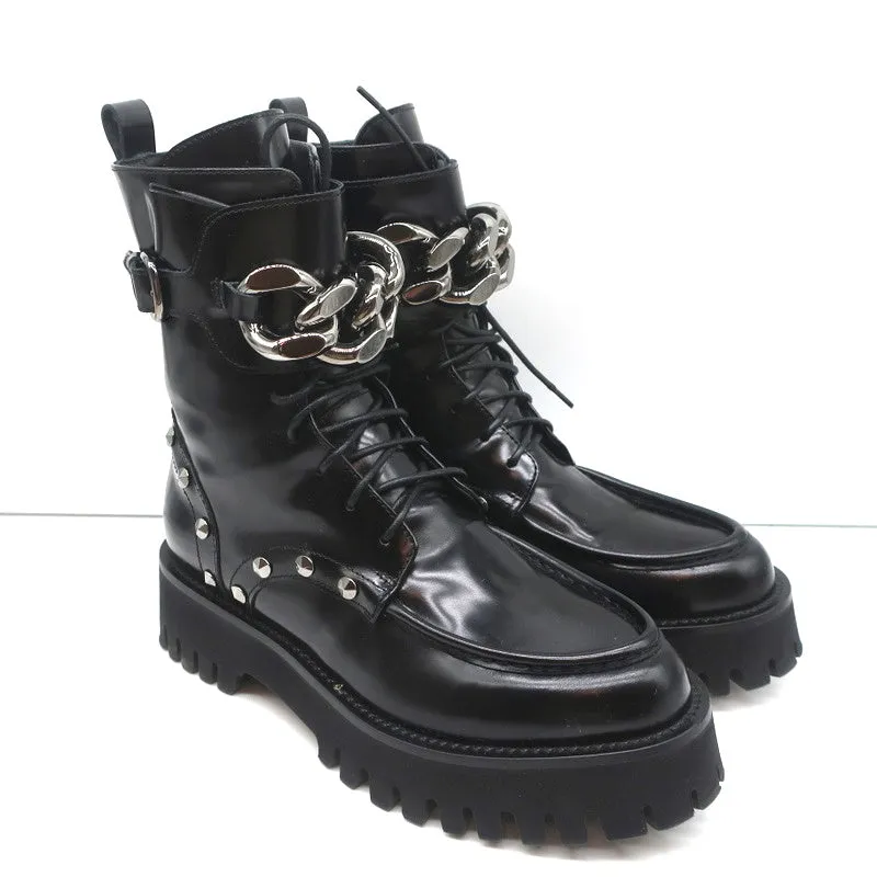 Casadei Chain Link Kampfstiefel Schwarz Mit Nieten Besetztes Leder Größe 36.5