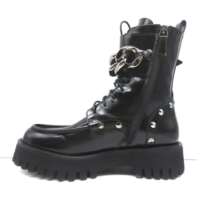 Casadei Chain Link Kampfstiefel Schwarz Mit Nieten Besetztes Leder Größe 36.5