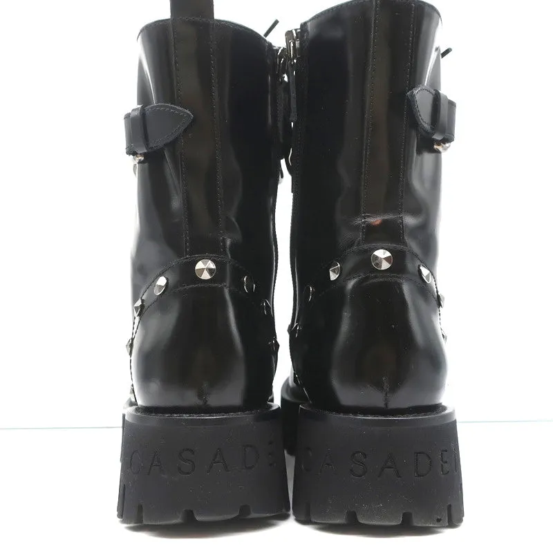 Casadei Chain Link Kampfstiefel Schwarz Mit Nieten Besetztes Leder Größe 36.5