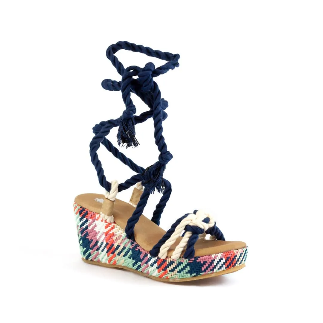 Evelyn Vegan Baumwoll-Seil Keil-Sandalen | Blau