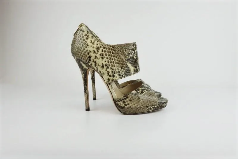 Jimmy Choo Private Sandalen Elfenbein Schlangenprägung Leder Größe 39 Offene Zehen Absatz