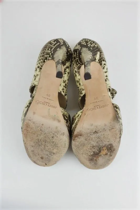 Jimmy Choo Private Sandalen Elfenbein Schlangenprägung Leder Größe 39 Offene Zehen Absatz