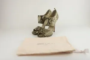 Jimmy Choo Private Sandalen Elfenbein Schlangenprägung Leder Größe 39 Offene Zehen Absatz