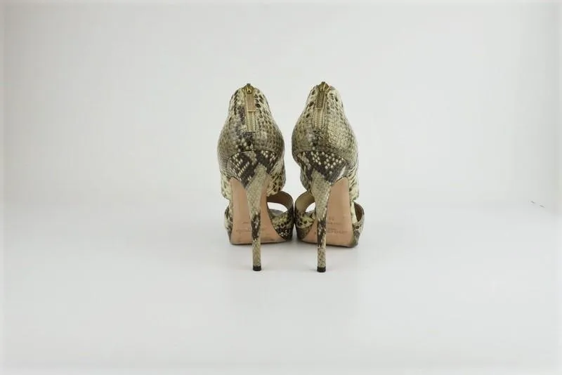 Jimmy Choo Private Sandalen Elfenbein Schlangenprägung Leder Größe 39 Offene Zehen Absatz