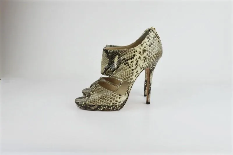 Jimmy Choo Private Sandalen Elfenbein Schlangenprägung Leder Größe 39 Offene Zehen Absatz