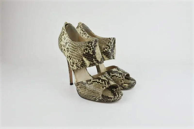 Jimmy Choo Private Sandalen Elfenbein Schlangenprägung Leder Größe 39 Offene Zehen Absatz