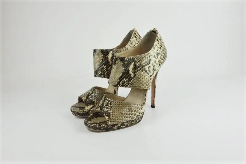 Jimmy Choo Private Sandalen Elfenbein Schlangenprägung Leder Größe 39 Offene Zehen Absatz