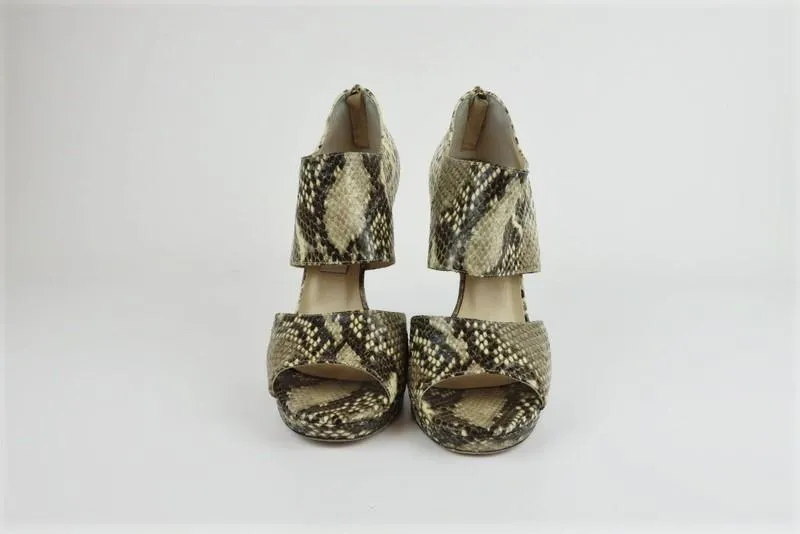 Jimmy Choo Private Sandalen Elfenbein Schlangenprägung Leder Größe 39 Offene Zehen Absatz