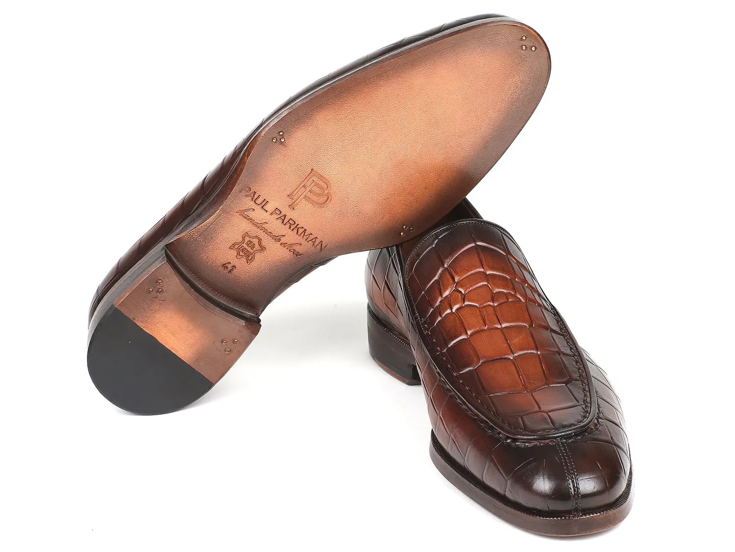 Paul Parkman Schuhe Paul Parkman Herren-Loafer aus Krokodilgeprägtem Kalbsleder in Braun Gebürstet