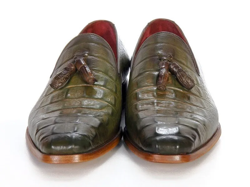 Paul Parkman Schuhe Paul Parkman Herren Croco-geprägte Kalbsleder Quasten-Loafer in Grün
