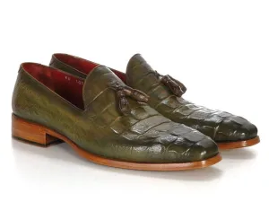 Paul Parkman Schuhe Paul Parkman Herren Croco-geprägte Kalbsleder Quasten-Loafer in Grün