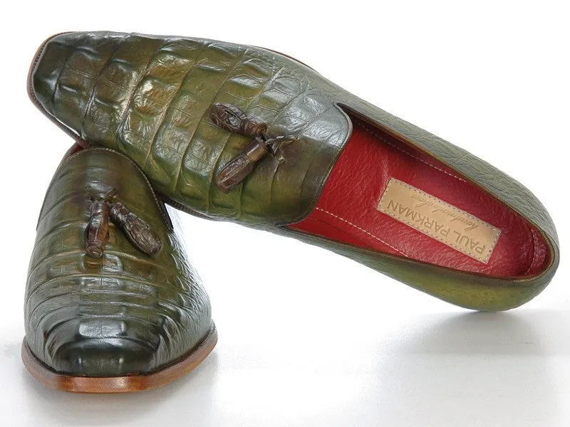 Paul Parkman Schuhe Paul Parkman Herren Croco-geprägte Kalbsleder Quasten-Loafer in Grün