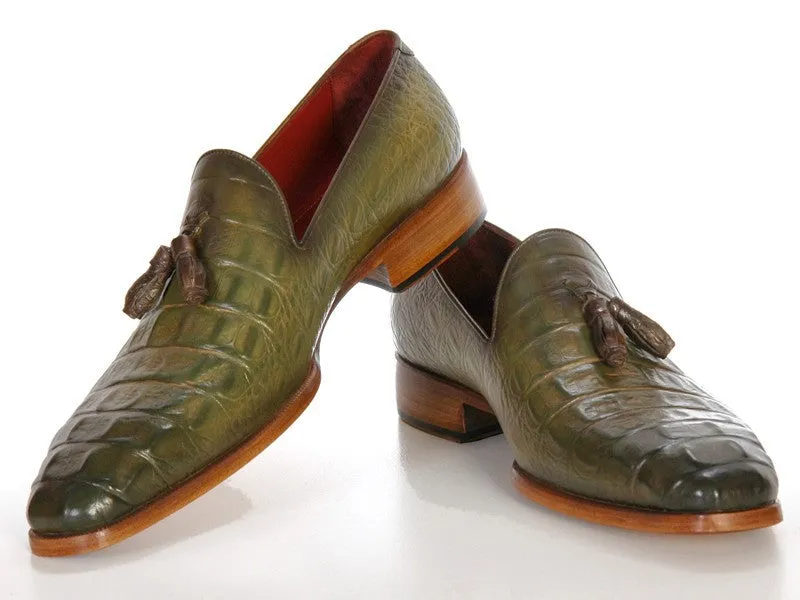 Paul Parkman Schuhe Paul Parkman Herren Croco-geprägte Kalbsleder Quasten-Loafer in Grün
