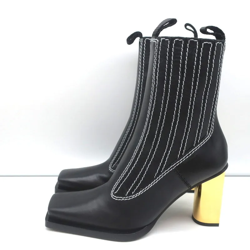 Proenza Schouler Gold-Absatz Chelsea-Stiefel Schwarz Leder Größe 36.5 NEU