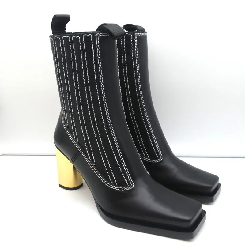 Proenza Schouler Gold-Absatz Chelsea-Stiefel Schwarz Leder Größe 36.5 NEU