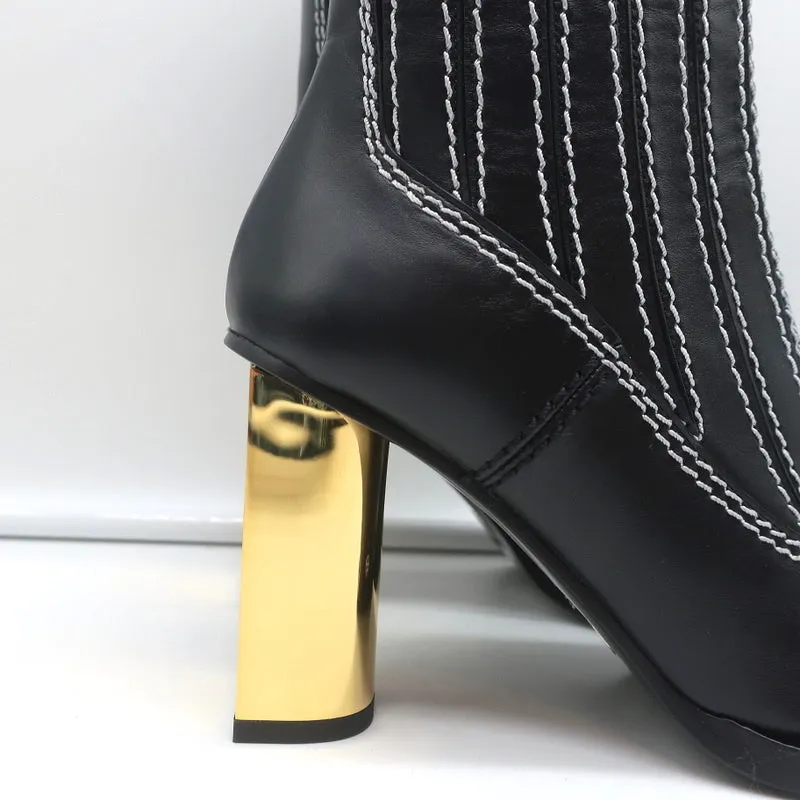 Proenza Schouler Gold-Absatz Chelsea-Stiefel Schwarz Leder Größe 36.5 NEU