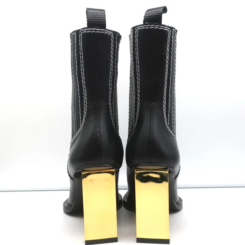 Proenza Schouler Gold-Absatz Chelsea-Stiefel Schwarz Leder Größe 36.5 NEU