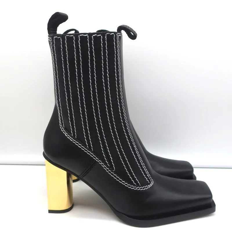 Proenza Schouler Gold-Absatz Chelsea-Stiefel Schwarz Leder Größe 36.5 NEU