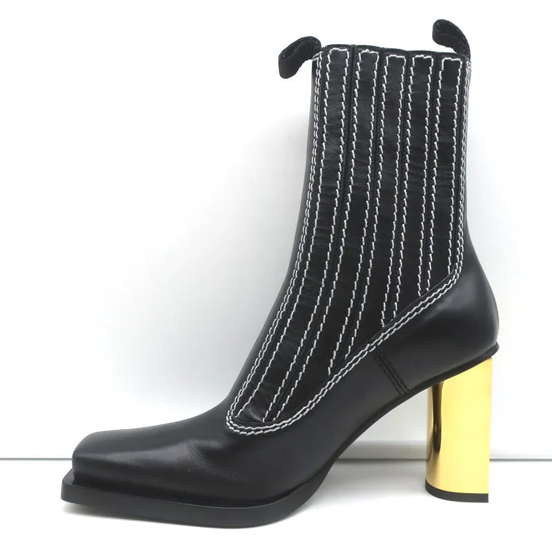 Proenza Schouler Gold-Absatz Chelsea-Stiefel Schwarz Leder Größe 36.5 NEU