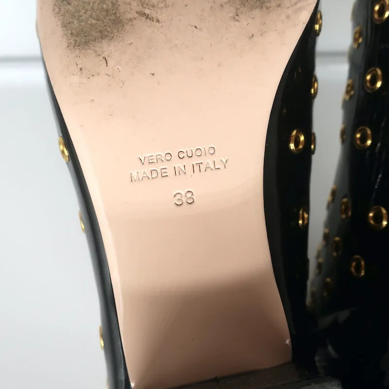 RED Valentino Gromet-verzierte Stiefeletten Schwarz Lackleder Größe 38