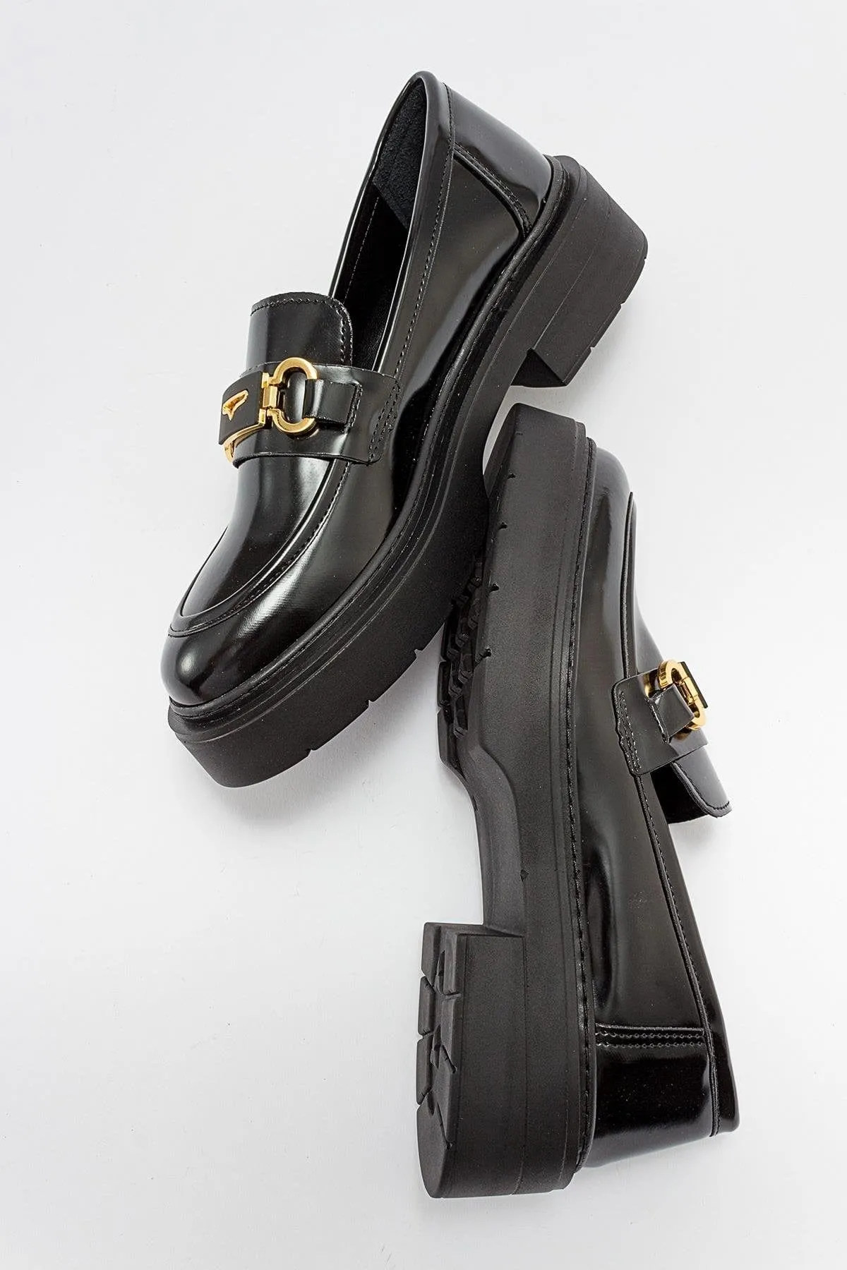 Simone Vegan-Leder Bit-Plattform-Loafers | Hochglanz Schwarz
