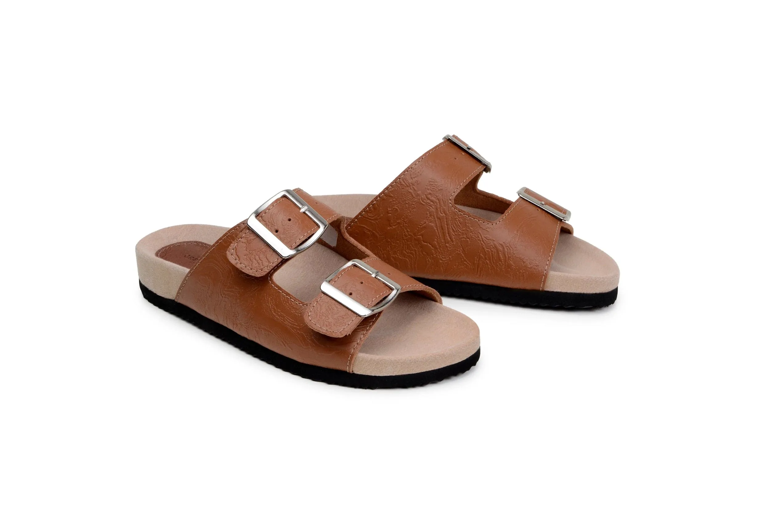 Truda Damen-Vegane-Leder-Sandalen mit zwei Riemen | Gemustertes Braun