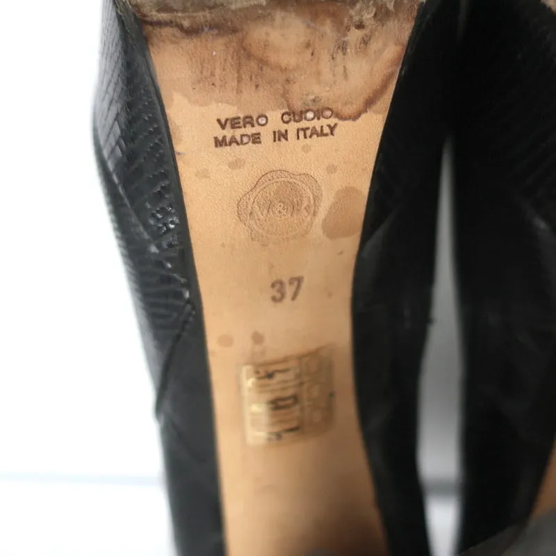 Viktor & Rolf Plateauboots Schwarz Leder mit Echsenprägung Größe 37